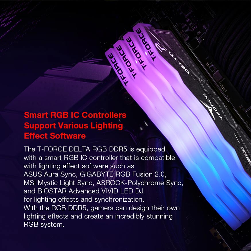 Smart RGB IC Controllers Support Various Lighting Effect Software. The T-FORCE DELTA RGB DDR5 is equipped with a smart RGB IC controller that is compatible with lighting effect software such as ASUS Aura Sync, GIGABYTE RGB Fusion 2.0, MSI Mystic Light Sync, ASROCK-Polychrome Sync, and BIOSTAR Advanced VIVID LED DJ for lighting effects and synchronization. With the RGB DDR5, gamers can design their own lighting effects and create an incredibly stunning RGB system